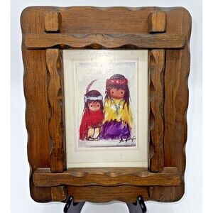 Vintage Degrazia Children Of The Sun Framed Post Card Scalloped Wood Frame 11"X9